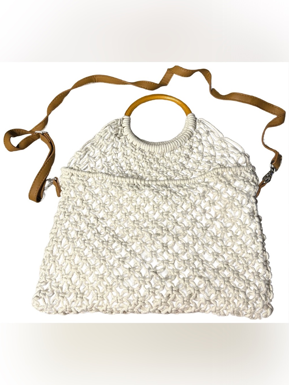Handwoven Cream Crochet Tote with Tan Handles